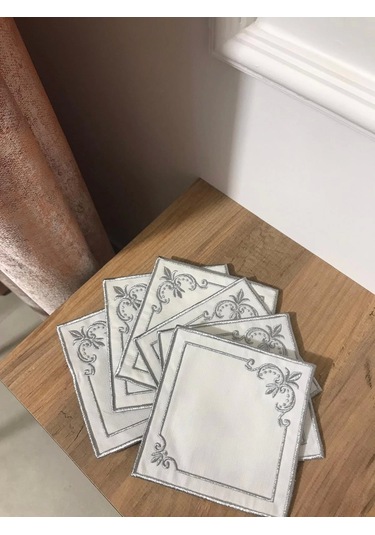 Nivemeshome Mihrimah Nakışlı Gümüş Kare 6 Adet Keten Kokteyl Peçetesi Kahve Yanı Sunumluk Gümüş