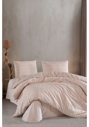 Varol Lastikli Saten Çizgili Çift Kişilik Nevresim Takım Bej/cıftkısılık Bej