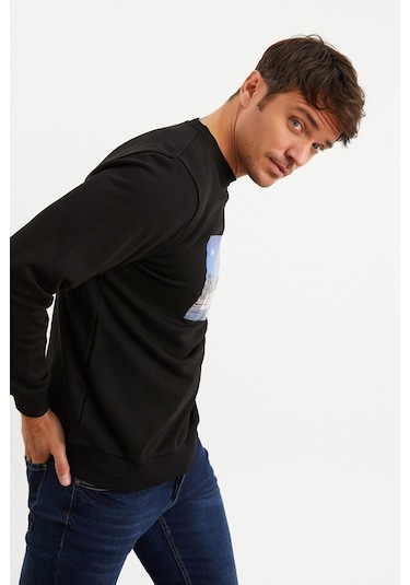 Mysport 5011 Erkek Bisiklet Yaka Baskılı Sweatshirt-siyah Siyah