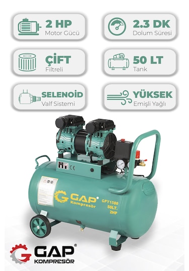 Gap Kompresör GPY1500 50 LT Yüksek Emişli Yağsız Teknoloji Hava Kompresörü