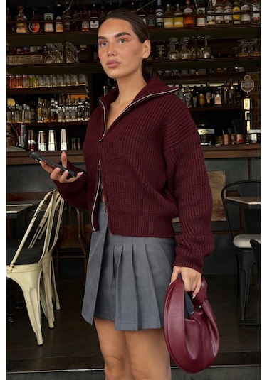 Madmext Bordo Çift Fermuarlı Kadın Triko Hırka Mg2532 Bordo