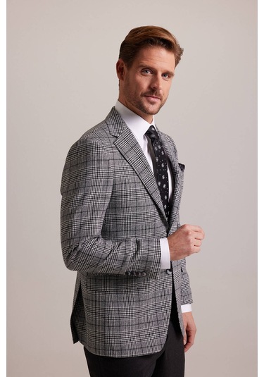 Erkek Gri Kışlık Yünlü Regular Fit Ekose Desenli Tek Ceket 001