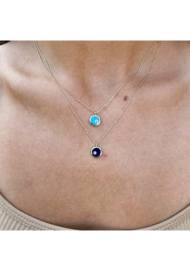 Ala Turkuaz Firuze Mineli Nazar Boncuğu Göz Tasarım Taşsız Modern Hediye Tarz 14 Ayar Altın Kolye