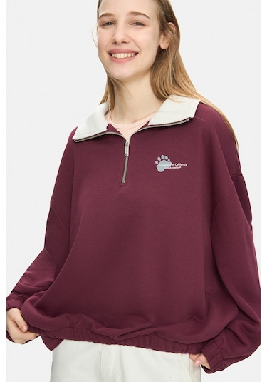 Ucla Yoko Bordo Fermuarlı Baskılı Oversize Fit Kadın Sweatshirt Bordo