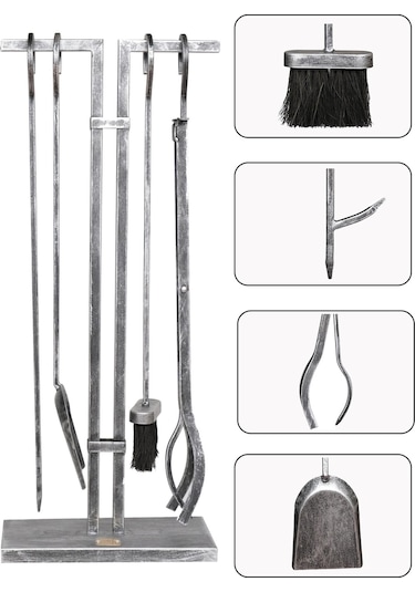 5 Li Lüx Ithal Antik Gümüş Patinalı Şömine - Soba Maşa Takımı Aksesuar Seti