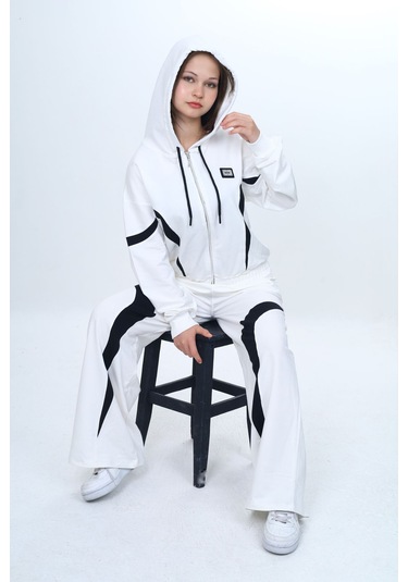 Kız Çocuk %100 Pamuk Garnili Kapüşonlu Fermuarlı Oversize Alt&üst Trend Eşofman Takımı-315-eşt-0003 Ekru