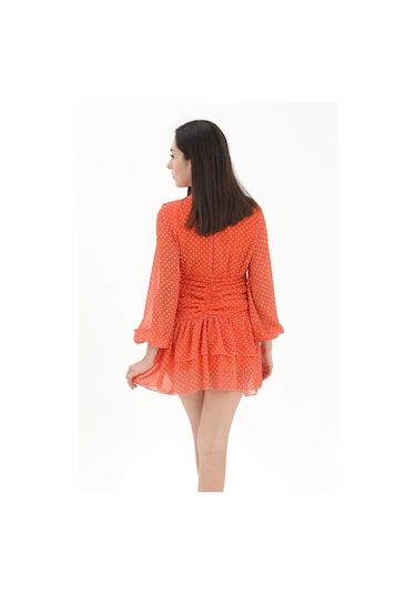 Büzgülü Puantiyeli Şifon Elbise - Turuncu-turuncu