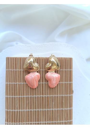 Çelik İkili Kalpli Pembe Küpe Altın - Pembe