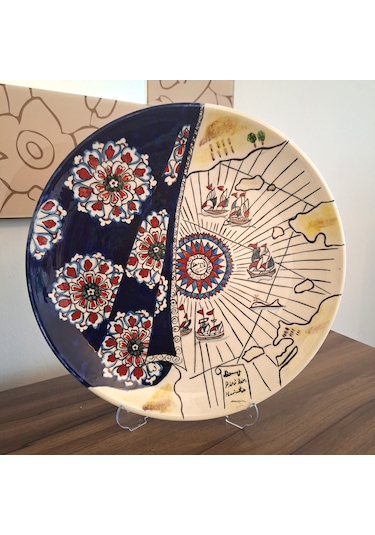 El Yapımı Piri Reis Desenli Çini Tabak