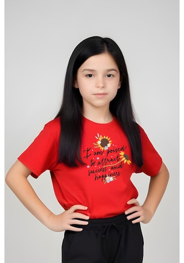 I Am Poised Baskılı Kız Çocuk Tişört Ve Eşofman Alt-üst Takım Kırmızı