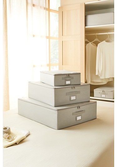 Ocean Home Textile 3'lü Gri Balıksırtı Destekli Hurç Set 31 x 38 x 12 + 45 x 55 x 18 + 55 x 70 x 18 cm