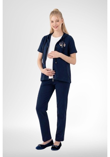 Mecit Pijama Mecit 6400 Lacivert 3'lü Hamile Lohusa Pijama Takımı