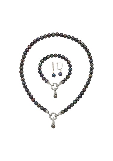 8,5 Mm Zirkon Taşlı Halka Kilitli Doğal İnci Küpe Kolye Bileklik Üçlü Set 45 Cm / Rose Gümüş