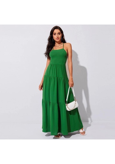 Hnxc Kadın Moda Yaz Bahar Düz Renk Baskı Kolsuz Kare Yaka Günlük Elbiseler Yeşil