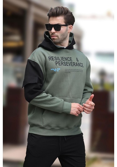Madmext Haki Kapüşonlu Cep Detaylı Baskılı Erkek Sweatshirt 7058-haki Haki