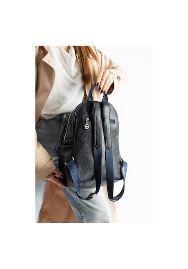 Vegan Deri Kadın Sırt Çantası 35 25 Cm Yağmur İtici Kumaş Mega Bag Günlük Kullanıma Uygun Lacivert
