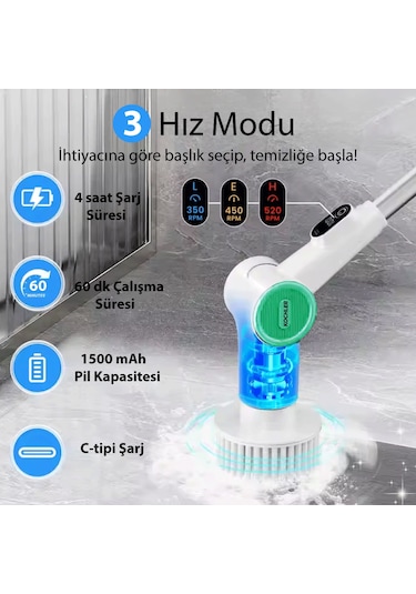 K500 Çok Amaçlı Şarjlı Elektrikli Temizlik Fırçası Uzayabilir Gövde, Zengin Başlık Seti, Ipx6 Su Geçirmezlik