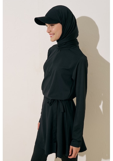 Manuka Cap Şapkalı Mayo Şal Siyah Siyah