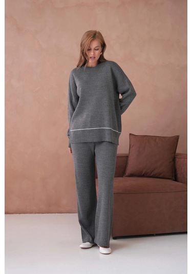 Kadın Bisiklet Yak Adüşük Kol Kazak Fitilli Pantolon İkili Triko Takım Antrasit