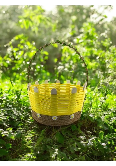 Sepet Takı Organizer Makyaj Kutusu Hasır El Yapımı Çok Amaçlı Komidin Üstü Sarı