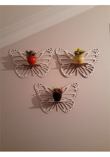 Dekoratif Beyaz Kelebek Duvar Rafı 3'lü Set