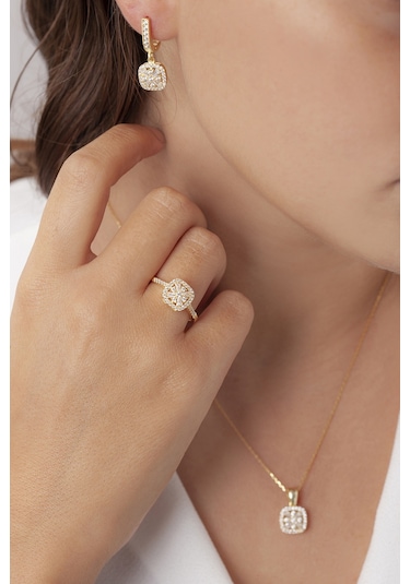 Agakulche Kare Baget Model Gümüş Set Gold S46-gb 925