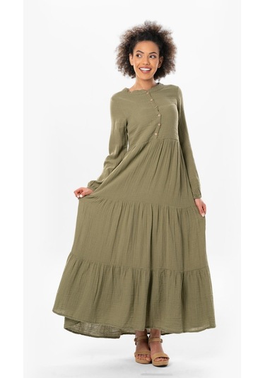 Uzun Kol Akay Uzun Düğme Detay Yazlık Müslin Elbise Haki Hk-haki Haki