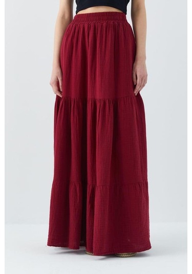 4567 Kadın Fırfırlı Uzun Müslin Etek Bordo Bordo