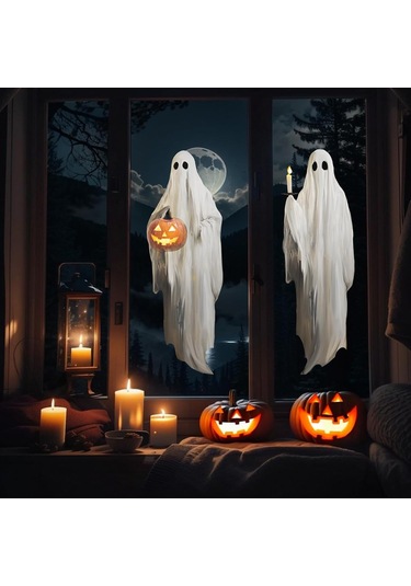 Gajeena Halloween Penceresi Dekorasyon Seti: Büyük Boy Beyaz Hayalet Kabak Işıklı Çift Taraflı Pvc Pencere Sticker - Tekrarlı Kullanımlı Ev Dekoru Beyaz
