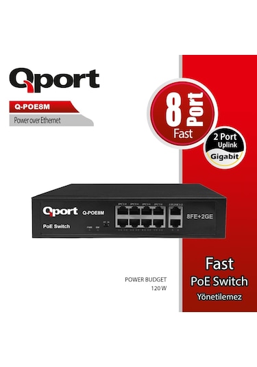 Qport Q-poe8m 8port 10/100 + 2 Port 10/100/1000 Uplınk Poe Swıtc