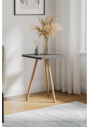 İntergo Kare Tasarımlı Ahşap Ayaklı Tekli Zigon Sehpa Antrasit Gri