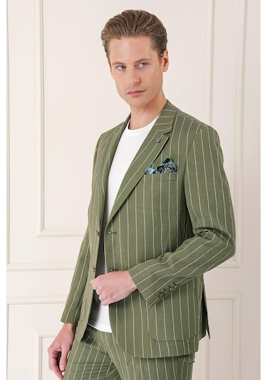 Comfort Fit Çift Yırtmaç İtalyan Çizgili Keten Casual Haki Ceket C 671 Haki