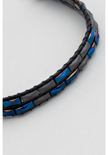 Renkli Hematit Taşlı Ayarlanabilir Çelik Erkek Bileklik Lacivert