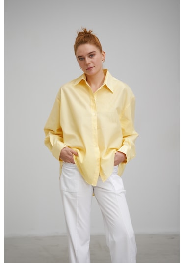Modeva Global Minimalist Kesim Modern Duruşlu Düz Oversize Butter Sarısı Kadın Gömlek Butter Sarı