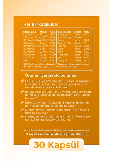 Voop Multivitamin Multimineral Takviye Edici Gıda 30 Kapsül