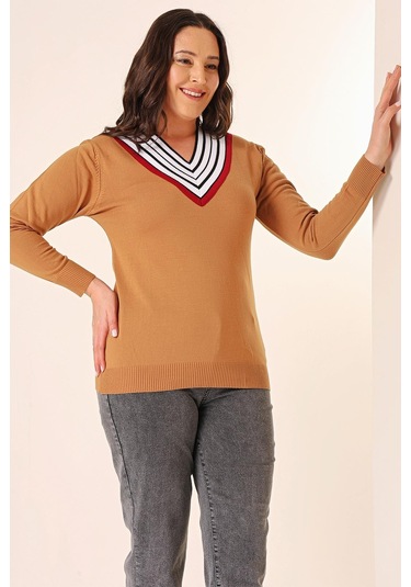 Şeritli V Yaka Büyük Beden Triko Kazak-35336-vizon Vizon