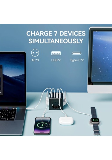 Xuweiwei Siyah 1.5 Metre Uzatma Kablosu 3 Ac Çıkışlı 2 Usb Portlu 2 Type-c Portlu Zamanlayıcılı 7si 1 Arada Ab Güç Şeridi Ev Ofis Seyahat İçin