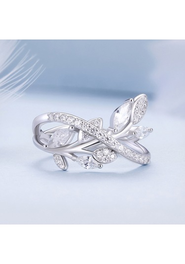 Bsr453-6 S925 Sterling Silver White Gold Plated Zircon Luxury Leaf Ring Çok Renkli
