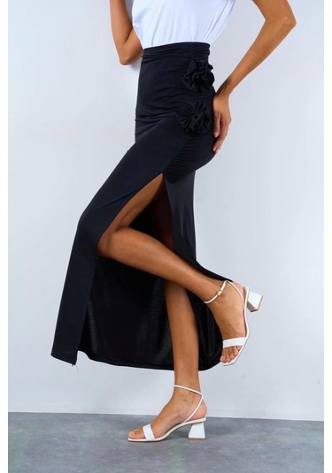 Yandan Büzgülü Güllü Etek - Siyah Siyah