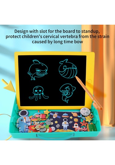 Kangvka 11 İnç Çift Taraflı Çocuk Tahtası - Abs Malzeme, Sarı+yeşil Renk, Manyetik Puzzle Ve Kalem İçeren Çizim Ve Yazma Seti Çok Renkli