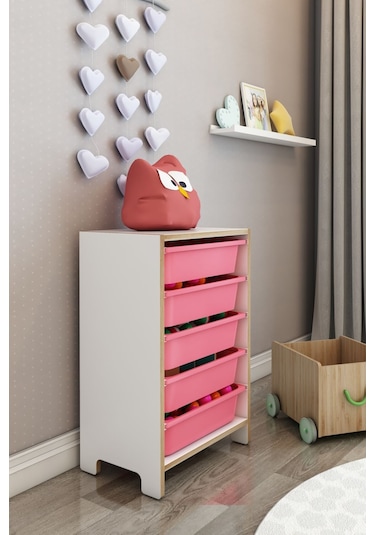 5 Sepetli Çok Amaçlı Oyuncak Dolabı Mdf Pembe Pembe