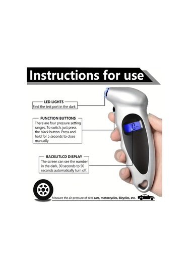 Boatshop1 Gri Dijital Lastik Basinc Olcer 150 Psı 4 Ayarli Kaymaz Tutma Kolu Aydinlatmali Lcd Ekran Otomobil Kamyon Bisiklet Motosiklet