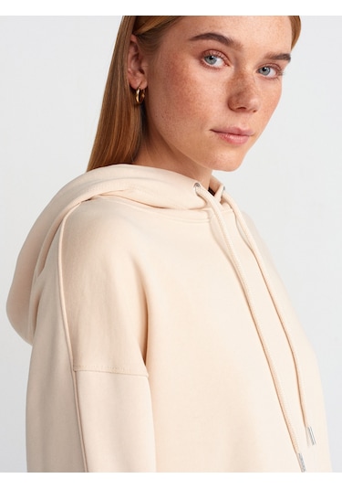 Dilvin 40403 Dikiş Esprili Yırtmaçlı Sweat- Açık Bej