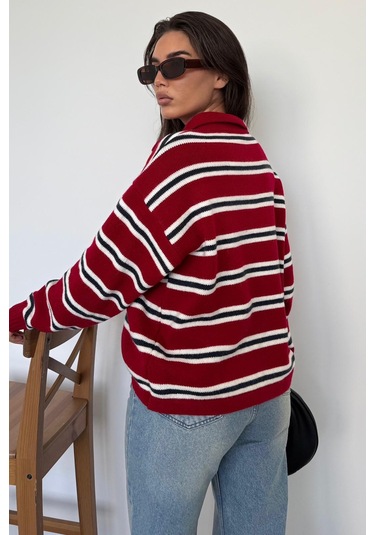Kırmızı Polo Yaka Çizgili Kadın Triko Kazak Mg2469 Kırmızı