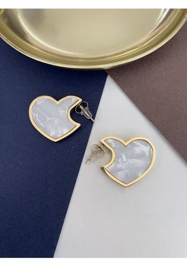 Mineli Kalp Çelik Kararmaz Küpe Çifti Altın