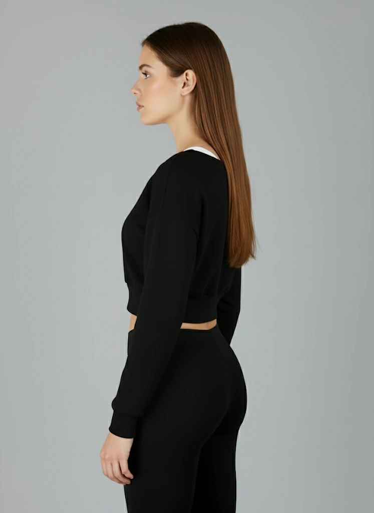 Askılı Modern Basic Omuzu Açık Siyah Sweatshirt Reglan Kol Kesim Siyah