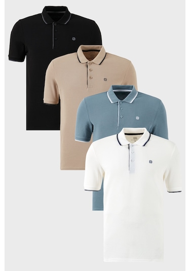Buratti Pamuklu Slim Fit Şerit Detaylı Düğmeli Polo Yaka 4'Lü Paket Erkek T Shirt 5902118S4 Siyah-Beyaz-Mavi-Vizon