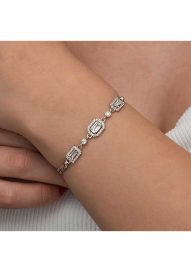 Gümüş Üçlü Baget Taşlı Kadın Bileklik Gümüş