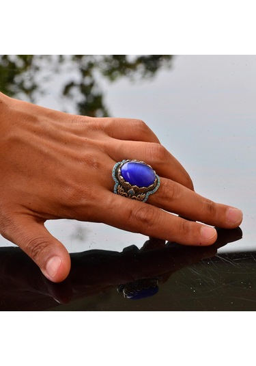 El Yapımı Mavi Kedi Gözü Yüzük Turkuaz Yapay Taş İle - 925 Ayar Gümüş Erkek Takısı Gümüş