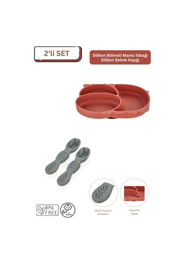 2'li Silikon Bebek Beslenme Seti / Bölmeli Mama Tabağı / Mama Kaşığı - Kiremit Rengi Kiremit